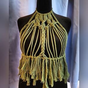 Bohemian Macramé Fringe Crop Top in Olive